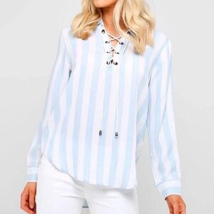 Rails Uli Block Blue‎ Stripe Shirt Lace Up Neck Nautical Coastal Top L/XL ? Read